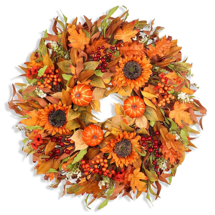 24" Fall Wreaths for Front Door, Autumn Wreath with Pumpkins, Sunflowers, Daisies, Berries. Thank... | Amazon (US)