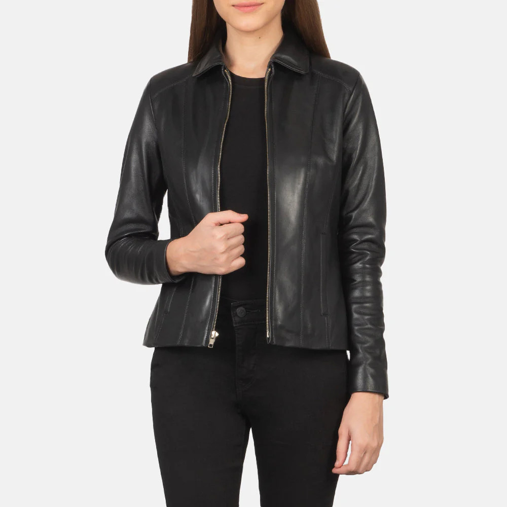 Women Colette Black Leather Jacket, Thanksgiving Jacket Outfit, Travel Fall Outfit  | The Jacket Maker