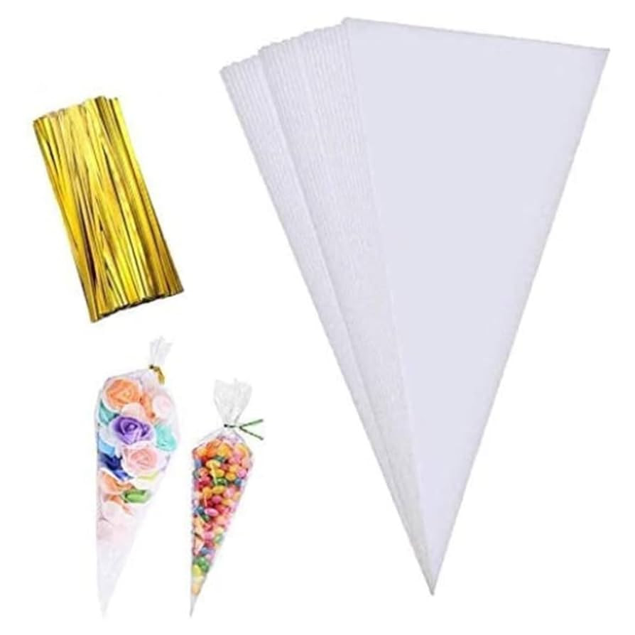 100 Pieces Popcorn Bags for Party Cone Shape Bags Transparent Cello Bags Sweet Clear Treat Bags w... | Amazon (US)
