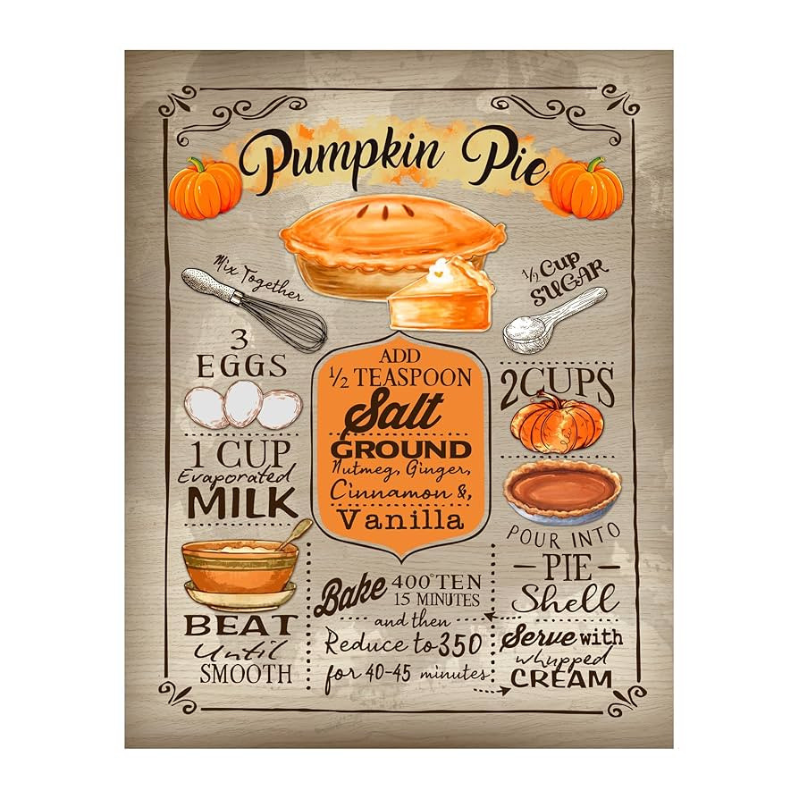 "Vintage Pumpkin Pie" Recipe Print - 11x14" Rustic Fall Kitchen Wall Art for Dining, Farmhouse, R... | Amazon (US)
