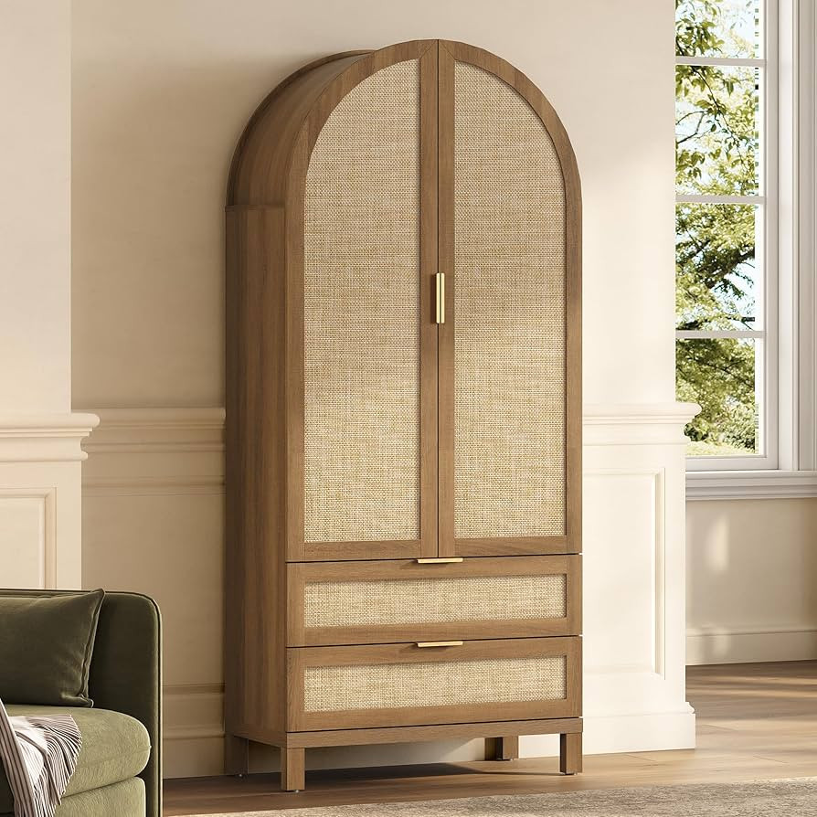 SICOTAS Arched Kitchen Pantry Cabinet, 71" Tall Rattan Food Pantry Storage Cabinet with Doors, 3 ... | Amazon (US)