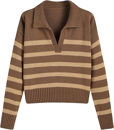 CIDER Women’s Polo Sweater Striped Collared Lightweight Long Sleeve V Neck Pullover Fall Sweate... | Amazon (US)
