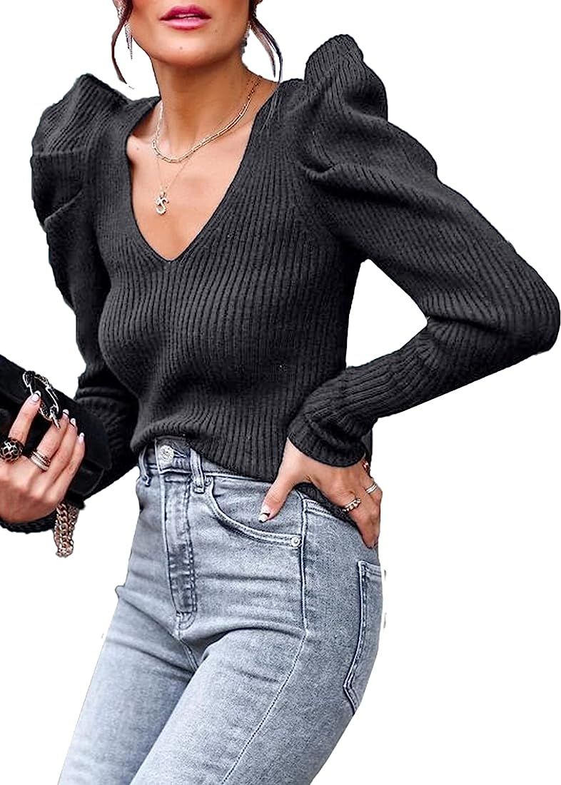 PRETTYGARDEN Women's Rib Knit Pullover Sweater Casual Long Puff Sleeve V Neck Solid Color Jumper Blo | Amazon (US)