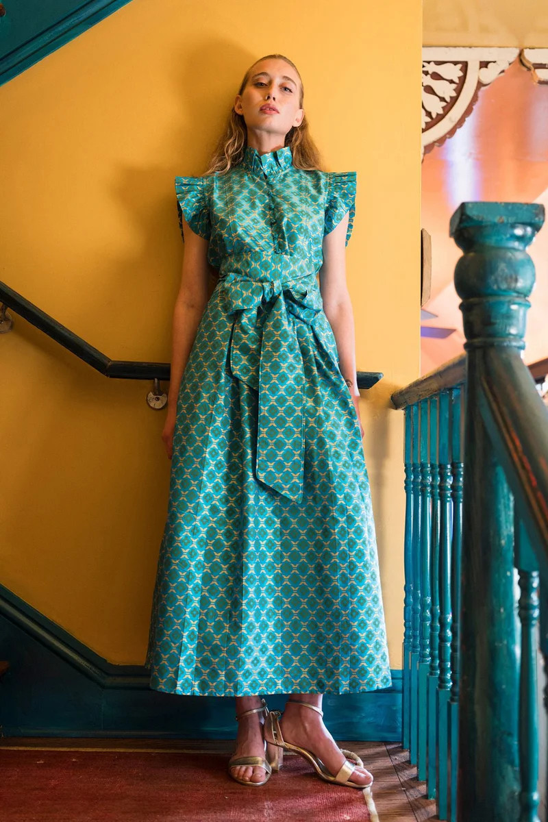 Fairfield | Peacock Taffeta Emerald/Gold Quatrefoil | SUE SARTOR