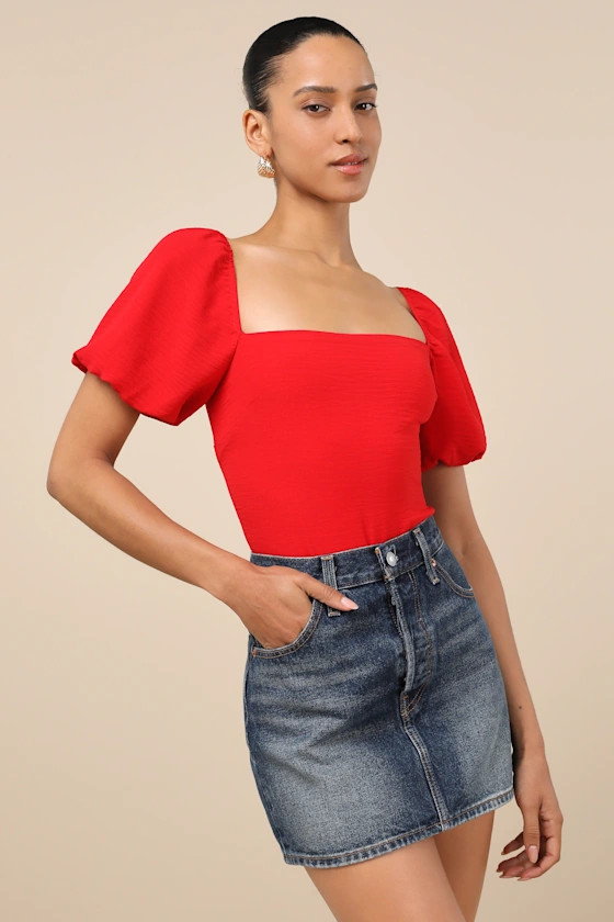 Abundance of Love Red Textured Puff Sleeve Tie-Back Bodysuit | Lulus