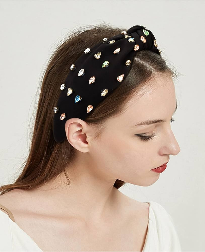 Wecoe 1pc Black Rhinestone Headband Top Knotted Headband For Women Girls Wide Headbands Non Slip Fashion Cloth Sparkly Jeweled Beaded Embellished Headband Homecoming Hair Accessories For Women Girls | Amazon (US)