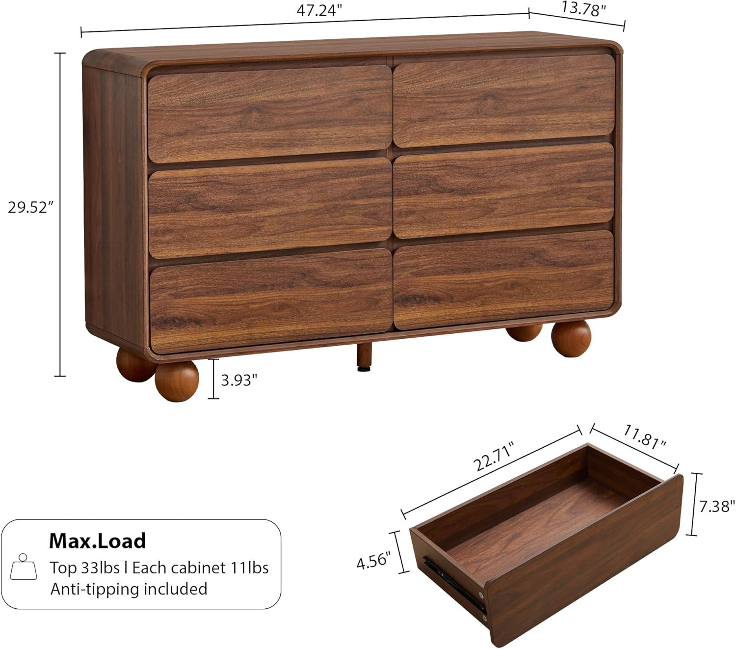 AVZEAR Modern 6 Drawer Dresser for Bedroom, 48" Wide Wooden Dresser Chest of Drawers, Handle Free... | Amazon (US)