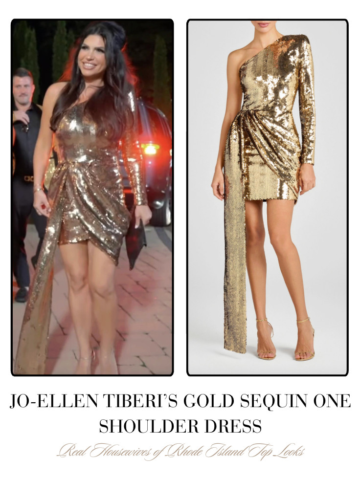 Jo-Ellen Tiberi's Gold Sequin One Shoulder Dress is by Nadine Merabi // Shop Similar 

 