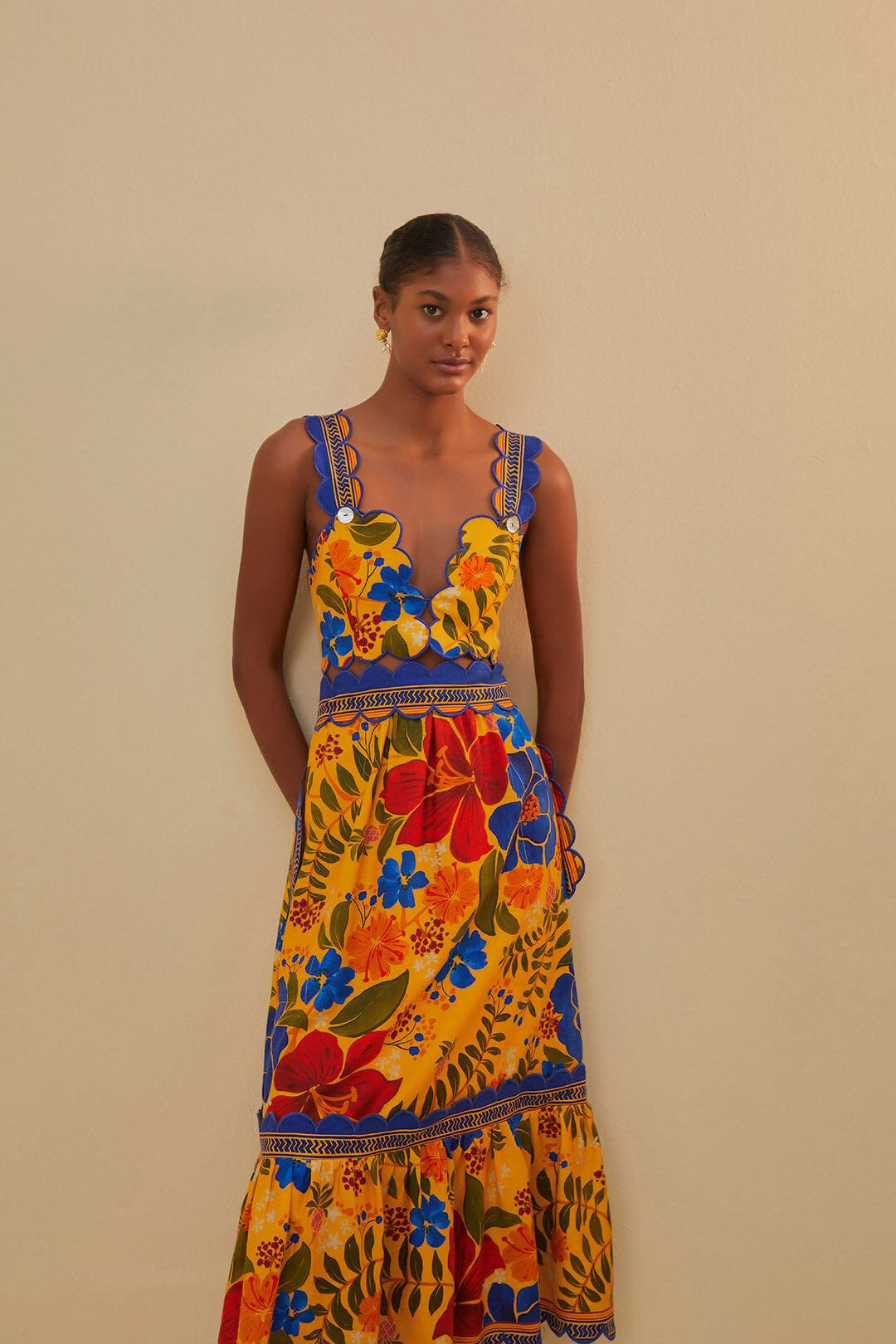 Yellow Floral Yard Lenzing™ Ecovero™ Euroflax™ Midi Dress | FarmRio (US)