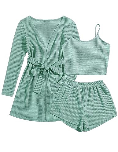 Ekouaer Pajamas for Women Set 3 Piece Lounge Set Soft Pajama Sets Waffle Knit Tank Top and Shorts Cardigan with Pockets S-XXL Grey Green | Amazon (US)