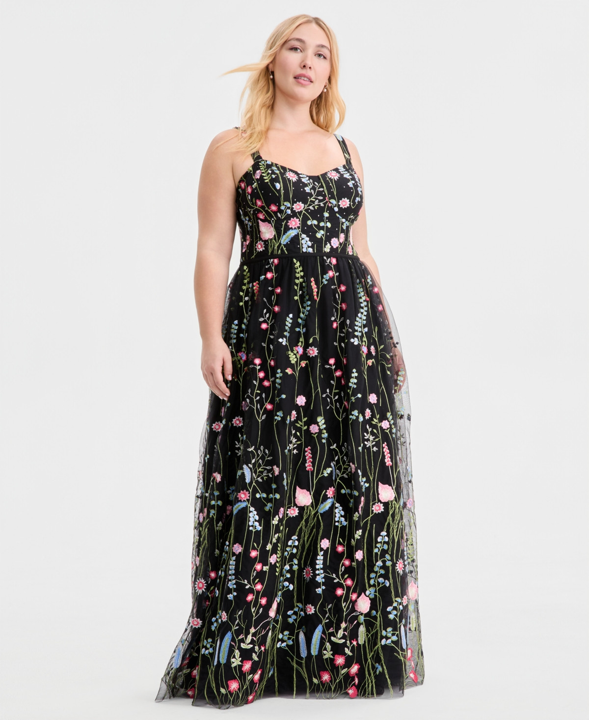 Created for Macy's, City Studios Trendy Plus Size Embroidered Tulle Corset Gown - BLACK MULTI | Macy's