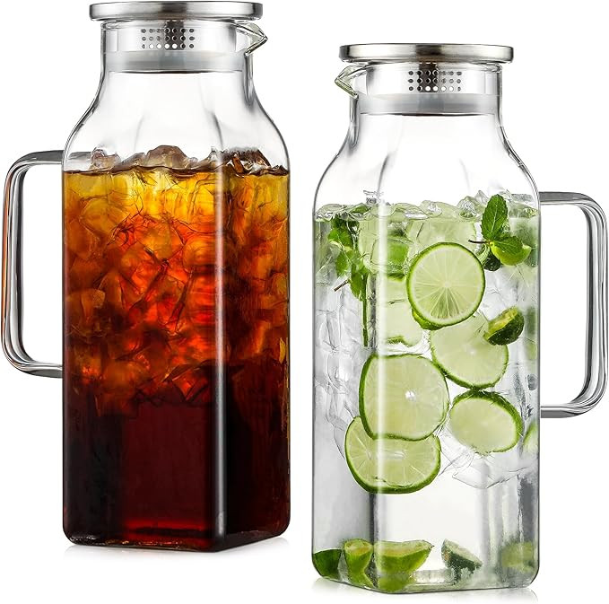 Netany 2 Pack 2 Liters/68 oz Square Glass Pitcher with Lid and Handle for Fridge, Iced Tea and Co... | Amazon (US)