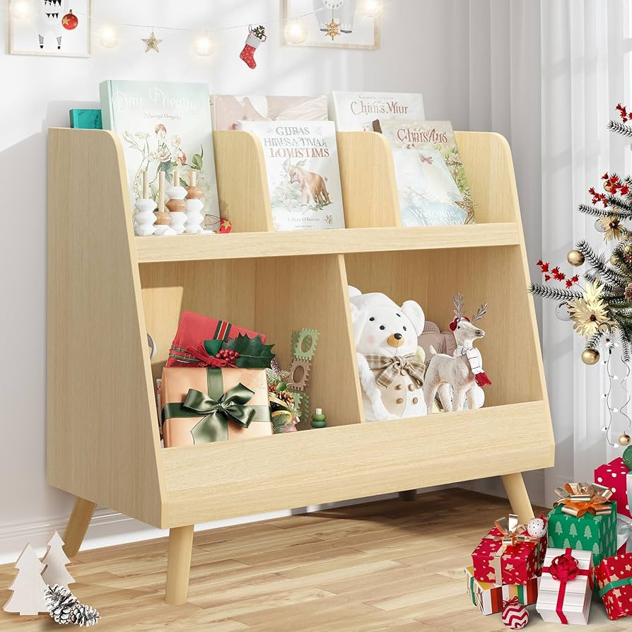 Kids Bookshelf and Toy Organizer, 5 Cubbies Wooden Open Bookcase, 2-Tier Baby Storage Display Org... | Amazon (US)
