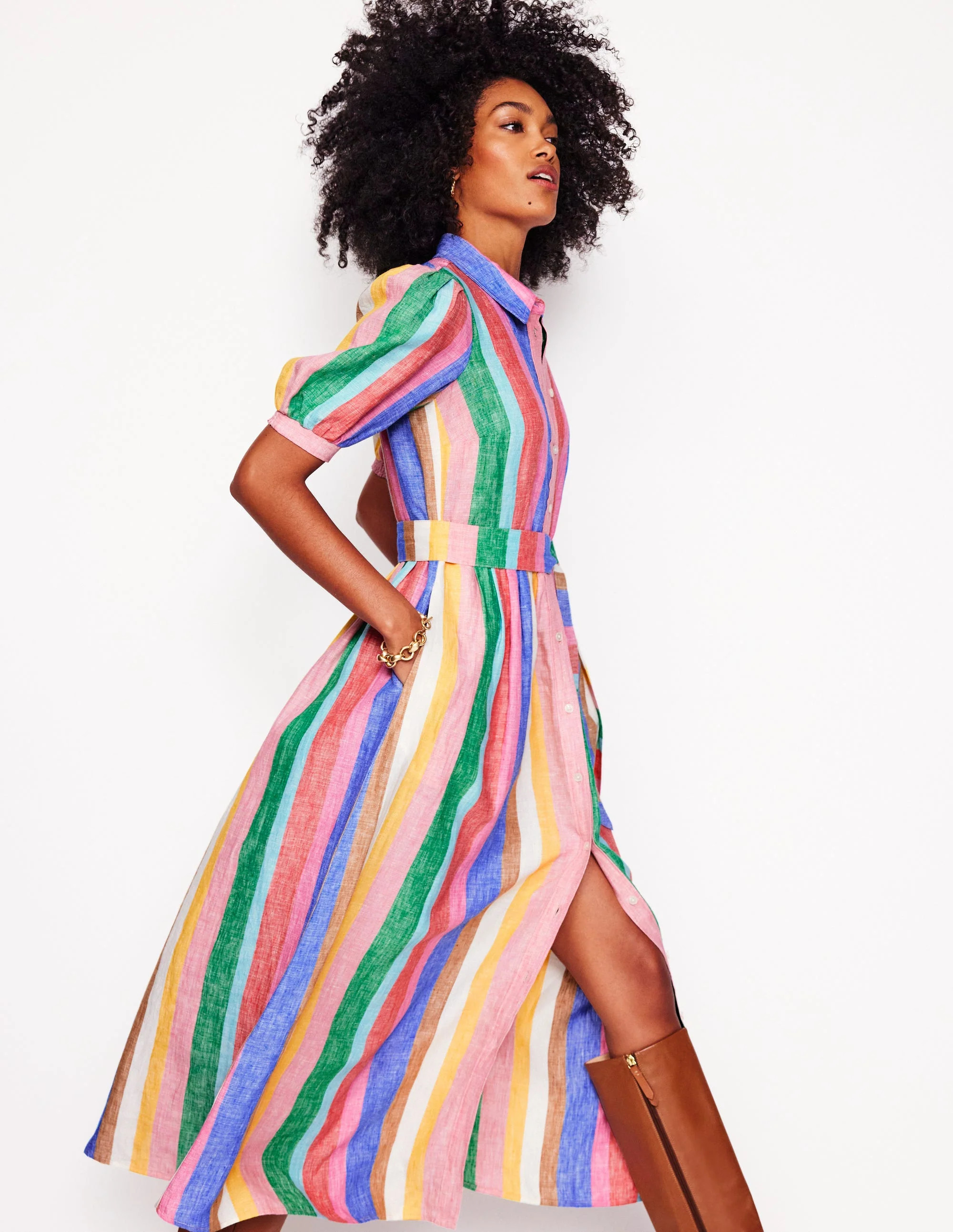 Alexa Linen Maxi Shirt Dress-Bright Rainbow Stripe | Boden UK