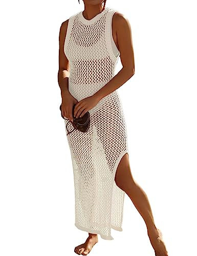 Bsubseach Crochet Cover Ups for Swimwear Women Hollow Out Swimsuit Coverup Backless Bikini Beach Dress White | Amazon (US)