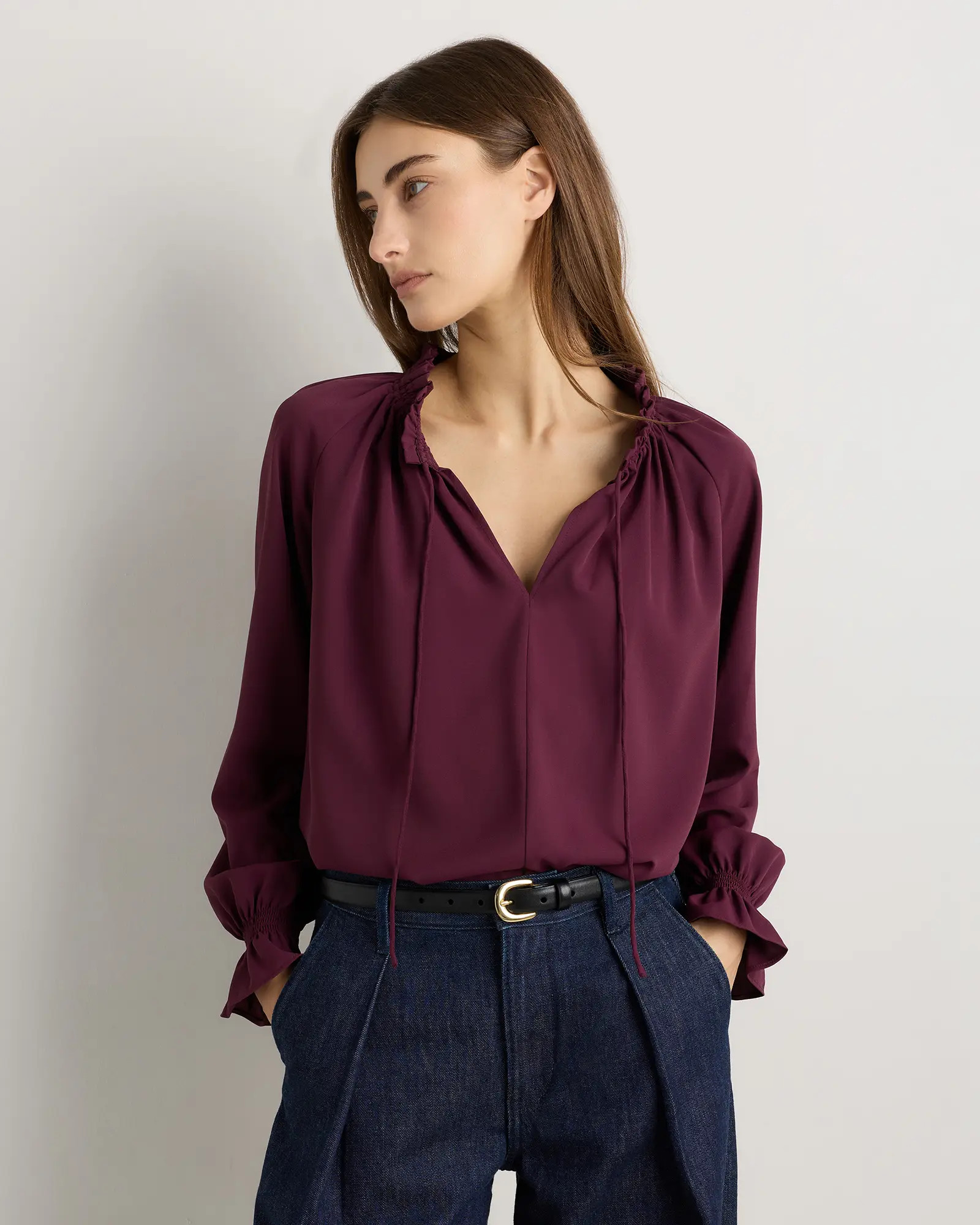 Drapey Chiffon Split Neck Long Sleeve Blouse | Quince