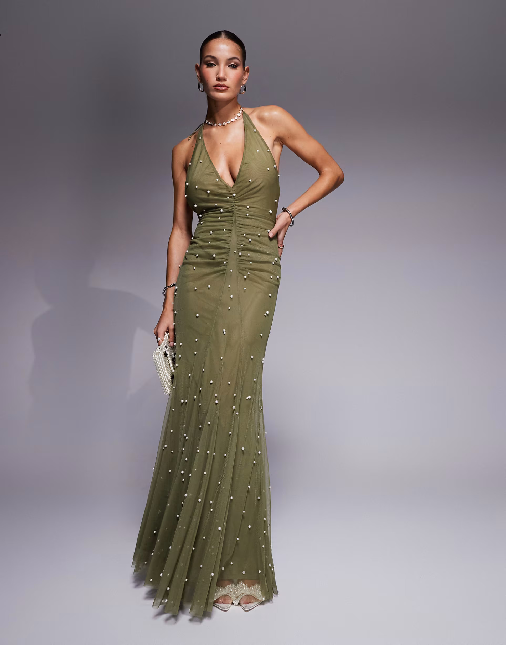 ASOS DESIGN embellished pearl mesh maxi dress in khaki | ASOS (Global)