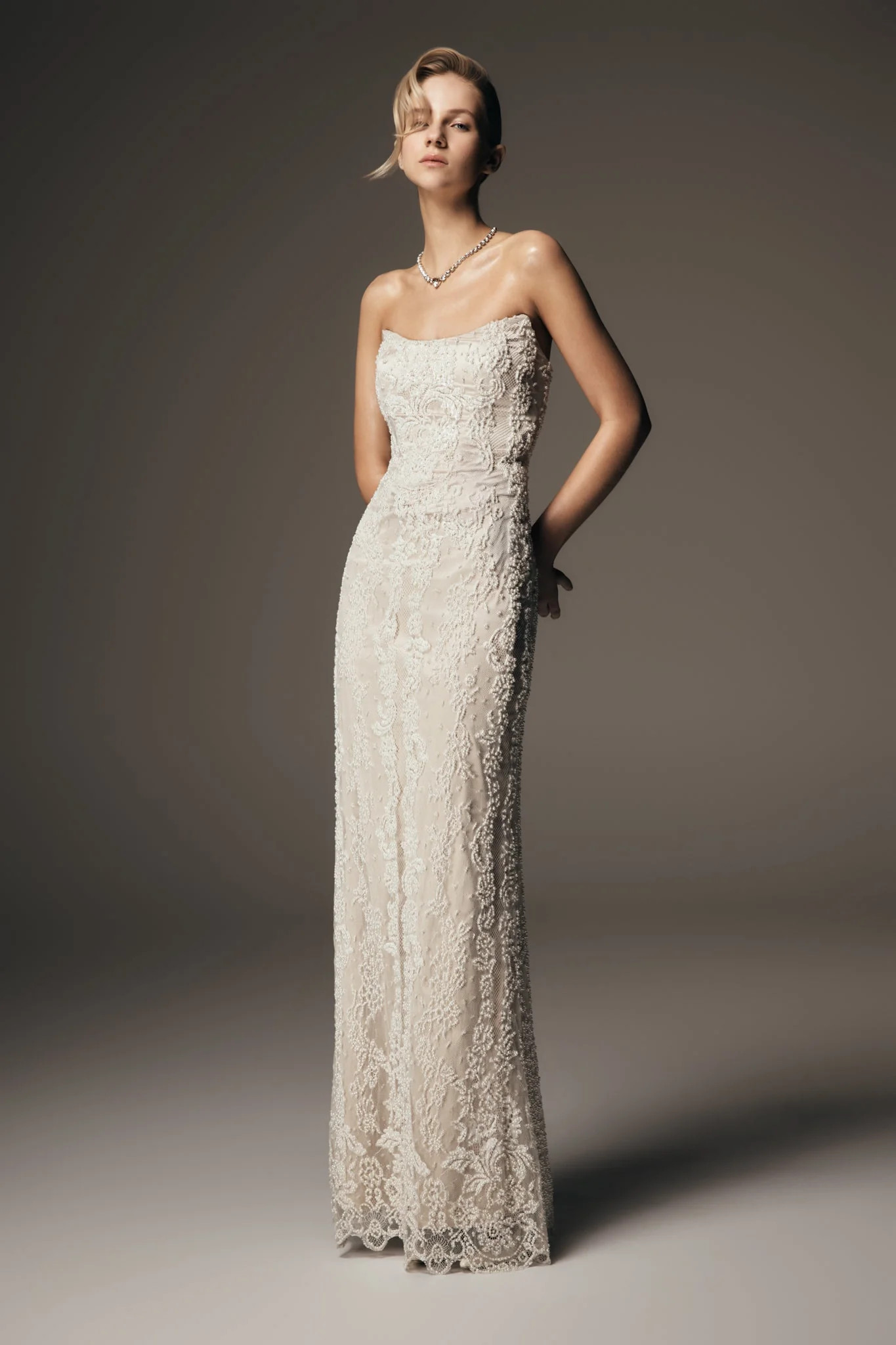Eva Hand Beaded Pearl & Lace Maxi Dress - White | MESHKI US