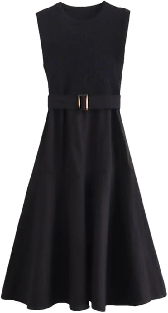 Women's Round Neck Slim Waist Belt Stitching Sleeveless Dress Black L(0810) | Amazon (US)