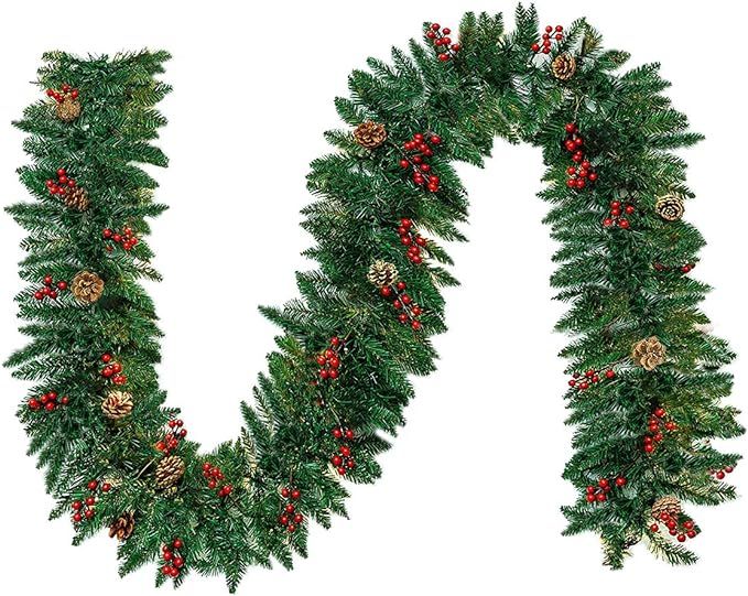 Christmas Garland - 10FT Pine Garland with Red Berries Snow Pine Cones for Indoor Outdoor Christm... | Amazon (US)