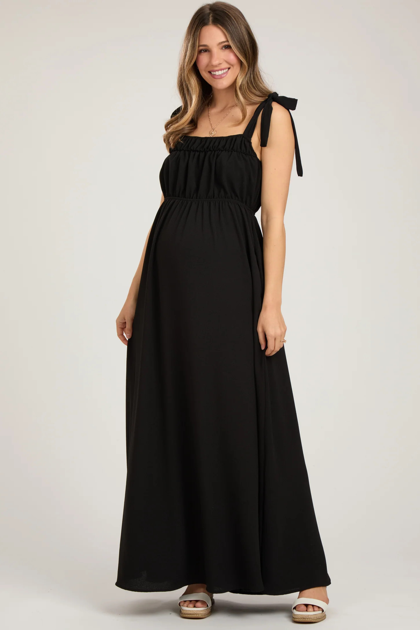 Black Square Neck Shoulder Tie Maternity Maxi Dress | PinkBlush Maternity