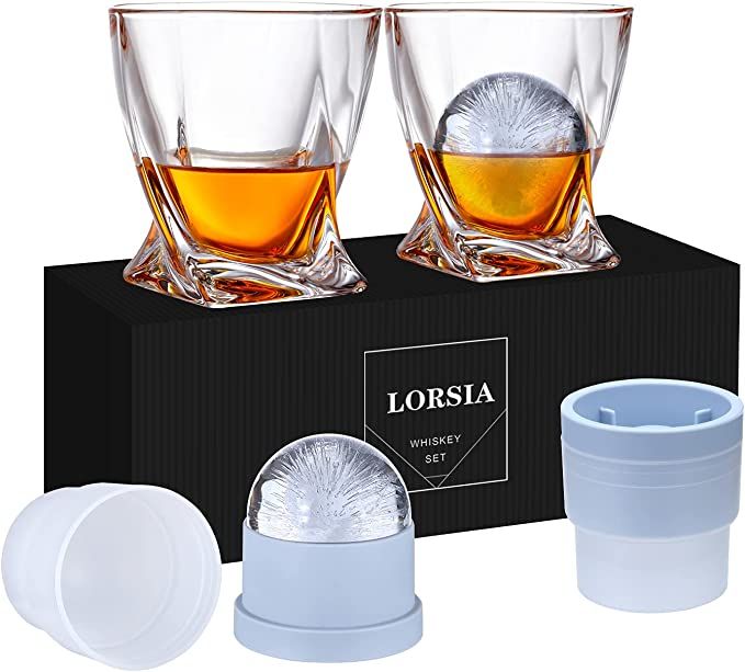 Whiskey Rocks Glass , Set of 4 ( 2 Crystal Bourbon Glasses , 2 Round Big Ice Ball Molds ) In Gift... | Amazon (US)
