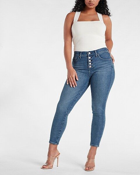 Mid Rise Medium Wash Button Fly Skinny Jeans | Express