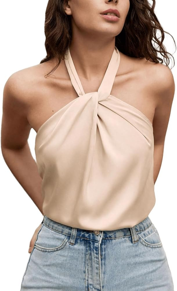 MakeMeChic Women's Sleeveless Satin Silk Halter Top Tie Back Summer Camisole Backless Blouse | Amazon (US)