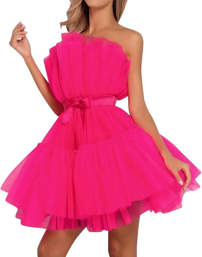 Tulle Dress Women Short Puffy Prom Dress Strapless Mesh Birthday Fairy Dresses Ruffle Dress for W... | Amazon (US)