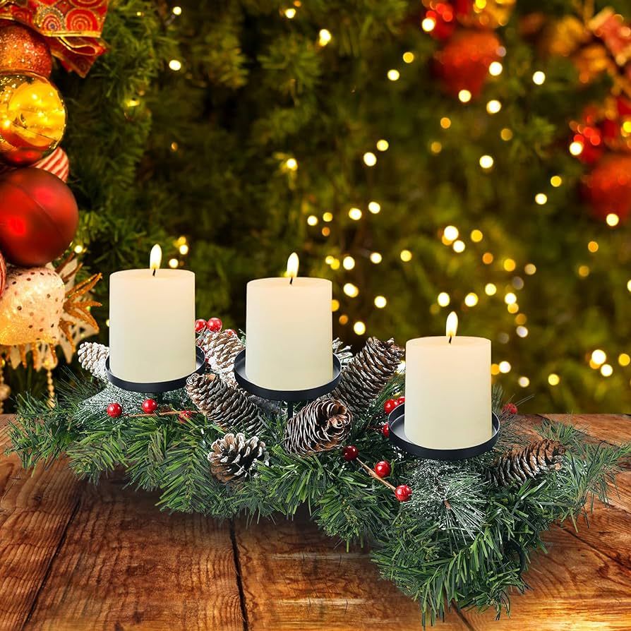 Christmas Decoration Candle Holder for Table Centerpiece with 3 Candles Holder, Pine Cones, Red B... | Amazon (US)