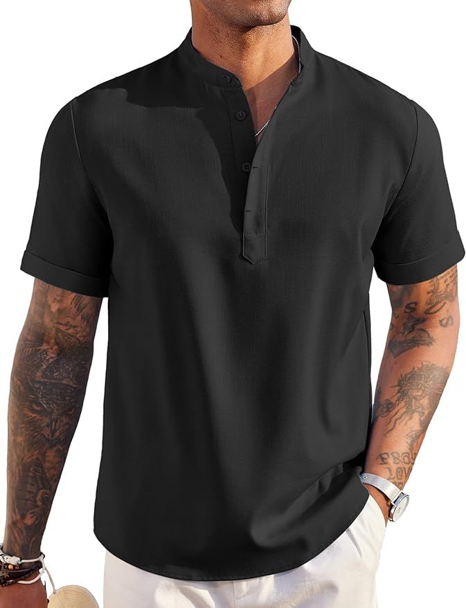 COOFANDY Men's Linen Henley Shirt Short Sleeve Casual Summer Beach Hippie T Shirts | Amazon (US)