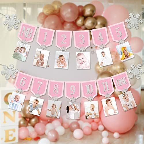 Glittery 1st Birthday Photo Banner Pink Birthday Banner Monthly Photo Banner First Birthday 12 Month | Amazon (US)