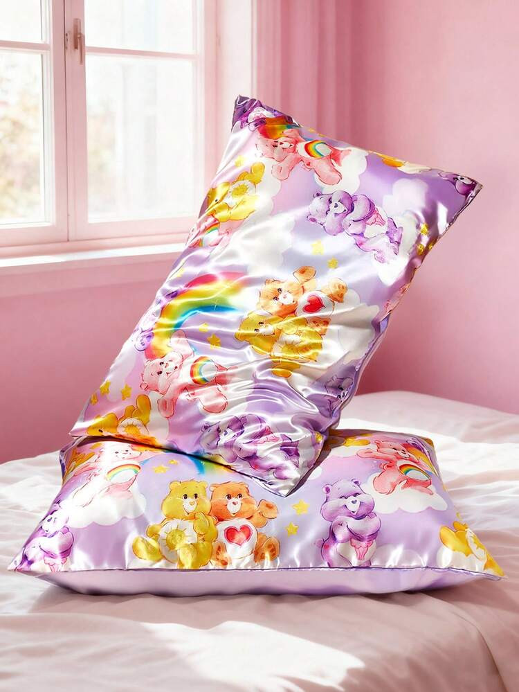 SHEIN X Care Bears 2pcs Cute Cartoon Pattern Pillow Covers, Purple/Pink, Sateen Fabric, Comfortable & Cool, Rainbow, Cloud, Teddy Bear Print | SHEIN