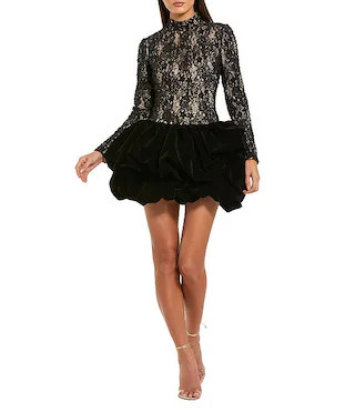 Mac Duggal Velvet Mock Neck Long Sleeve Lace Bubble Mini Dress | Dillard's | Dillard's