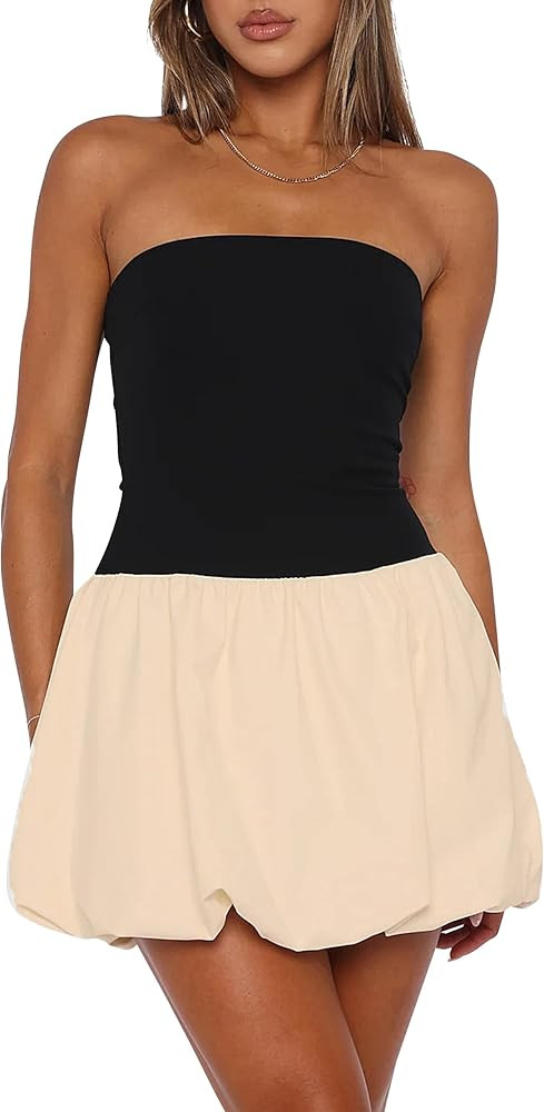 BAIGRAM Women Strapless Tube Top Dress Bubble Skirt Cute Summer Mini Short Dresses Bandeau Corset... | Amazon (US)