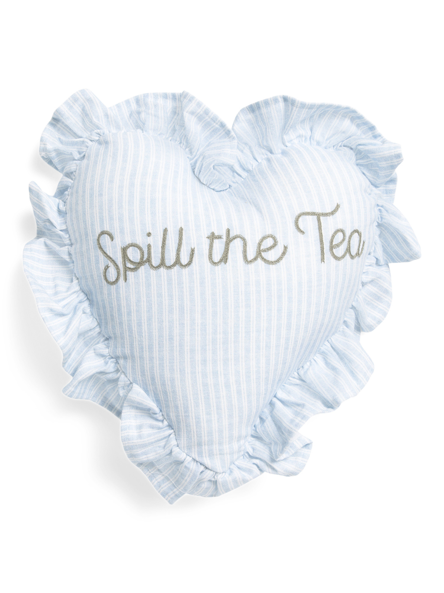 12x12 Spill The Tea Embroidered Striped Ruffle Heart Pillow | TJ Maxx
