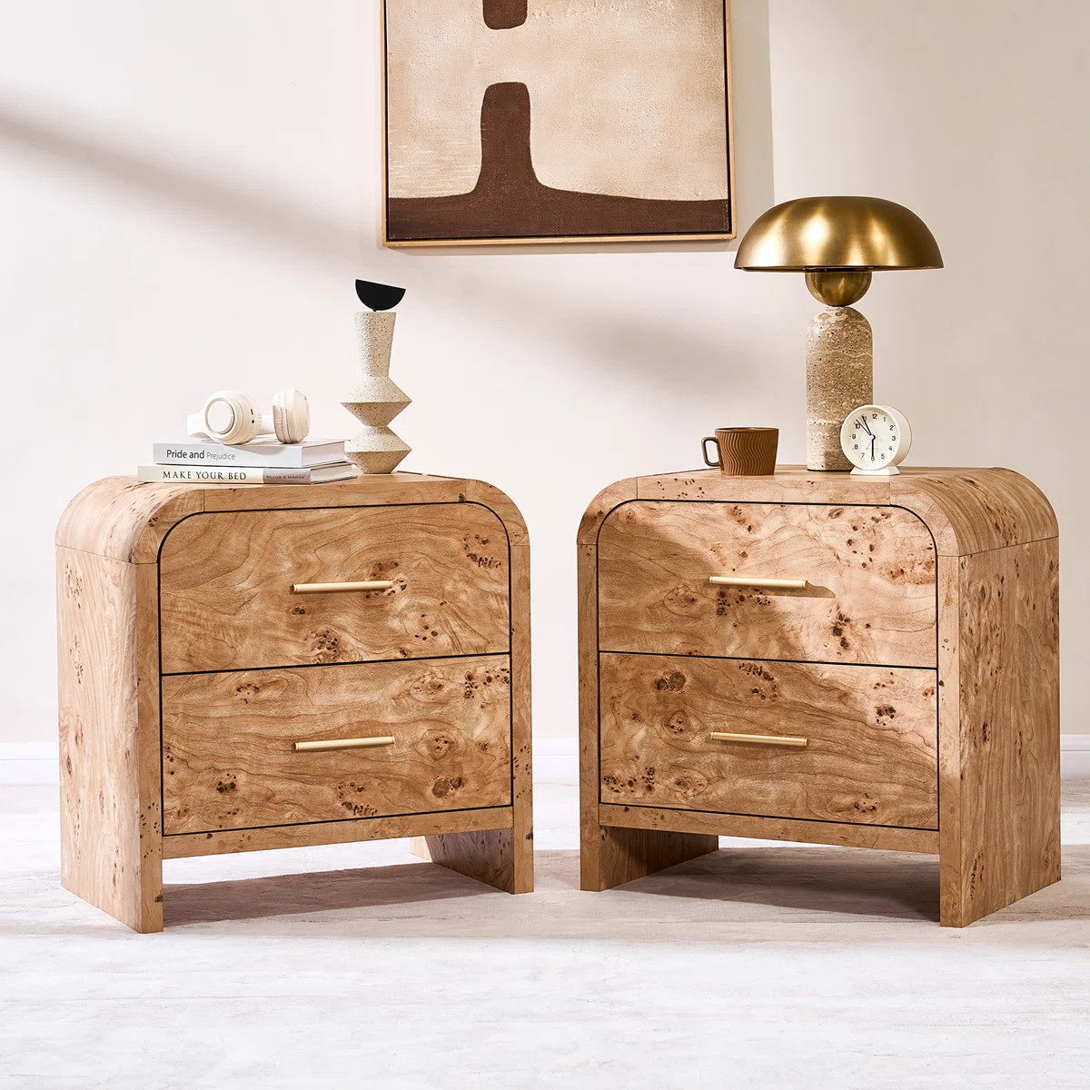 Light Burlwood Nightstand With Curved Corner, 1.18In Thick Engineered Wood, Champagne Gold Handle... | Wayfair North America