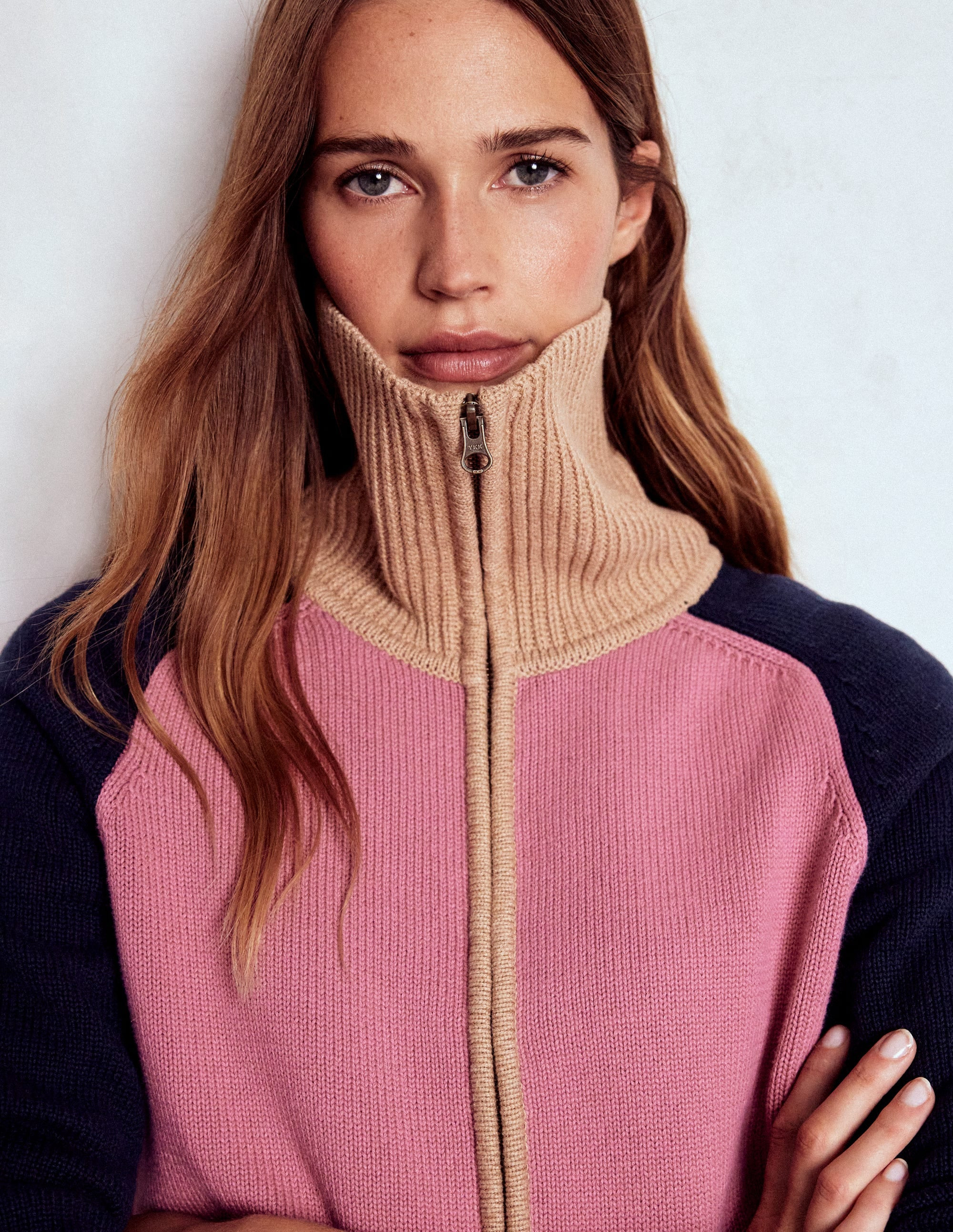 Lucy Half-zip Sweater-Pink Heather, Navy | Boden (US)