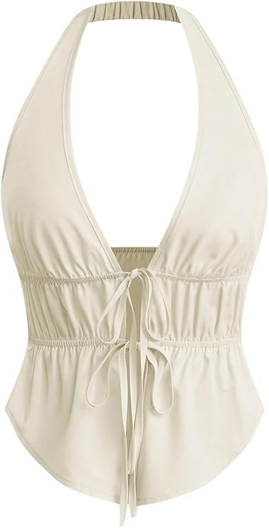 Floerns Women's Sleeveless Knot Front Tank Asymmetrical Hem Ruched Halter Tops | Amazon (US)