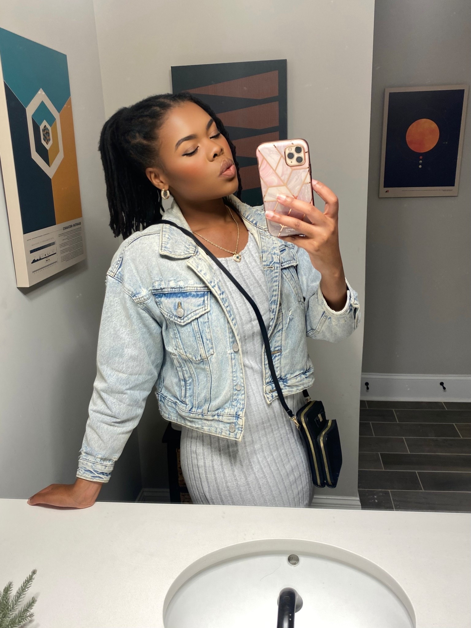 Grey sweater dress with denim jacket and black crossbody bag

#LTKootd