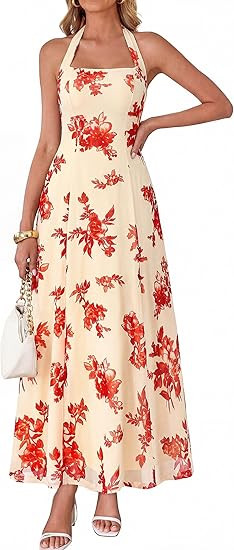 KIRUNDO Women's Summer Sleeveless Halter Floral Maxi Dress 2026 Beach Wedding Guest Cocktail Mesh... | Amazon (US)