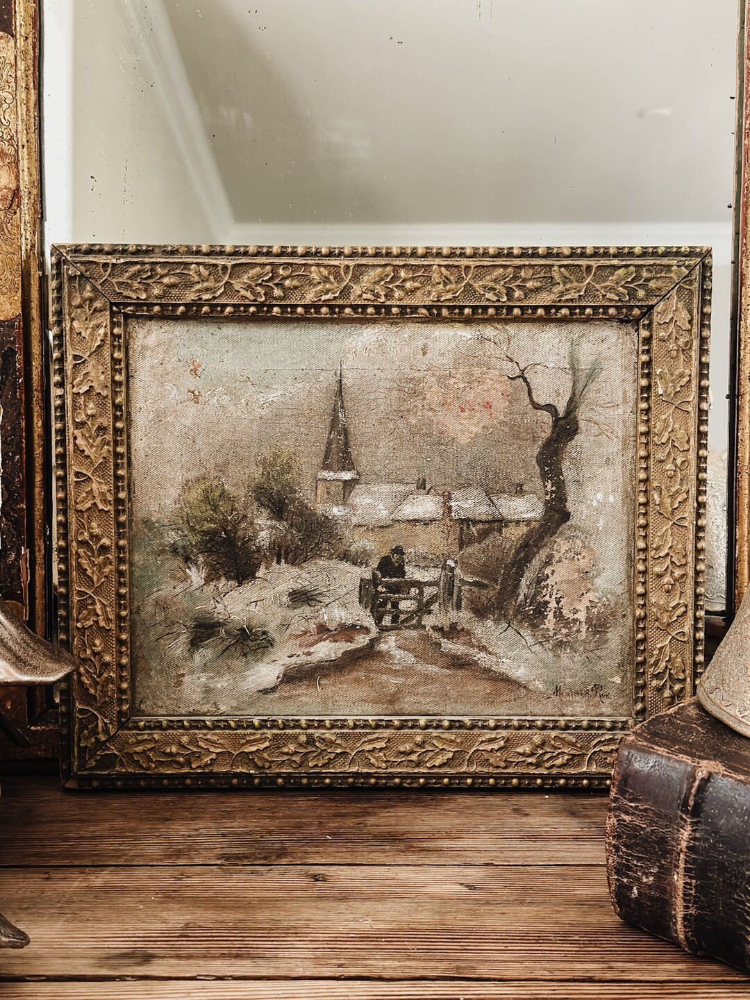 Antique Original Oil Painting, Winter Village Scene by Magarette Rix | Etsy (US)