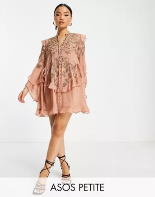 ASOS DESIGN Petite embelllished chiffon mini dress with stencil floral beading in olive | ASOS | ASOS (Global)