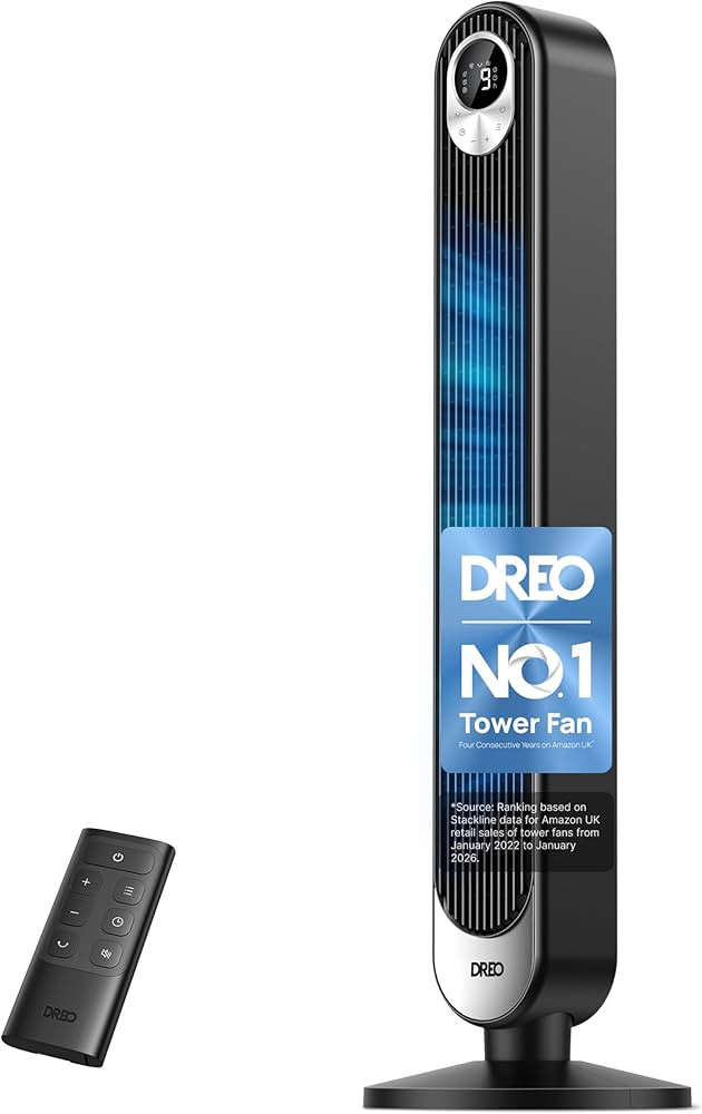 DREO 42 Inch Tower Fan, DC Motor Energy Saving Standing Fans for Bedroom, 8.5m/s High-Velocity Co... | Amazon (UK)