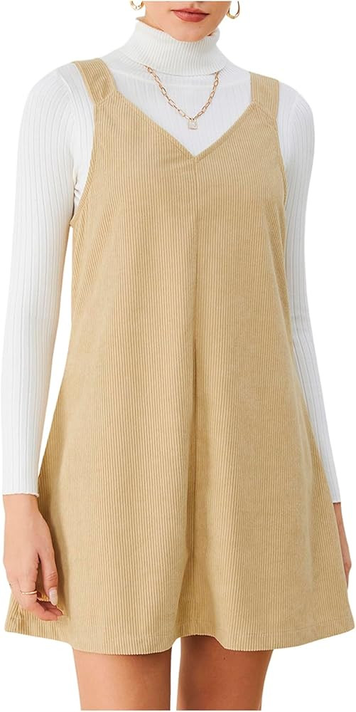 Milumia Women V Neck Corduroy Pinafore Overall Mini Dress Jumper Dress | Amazon (US)