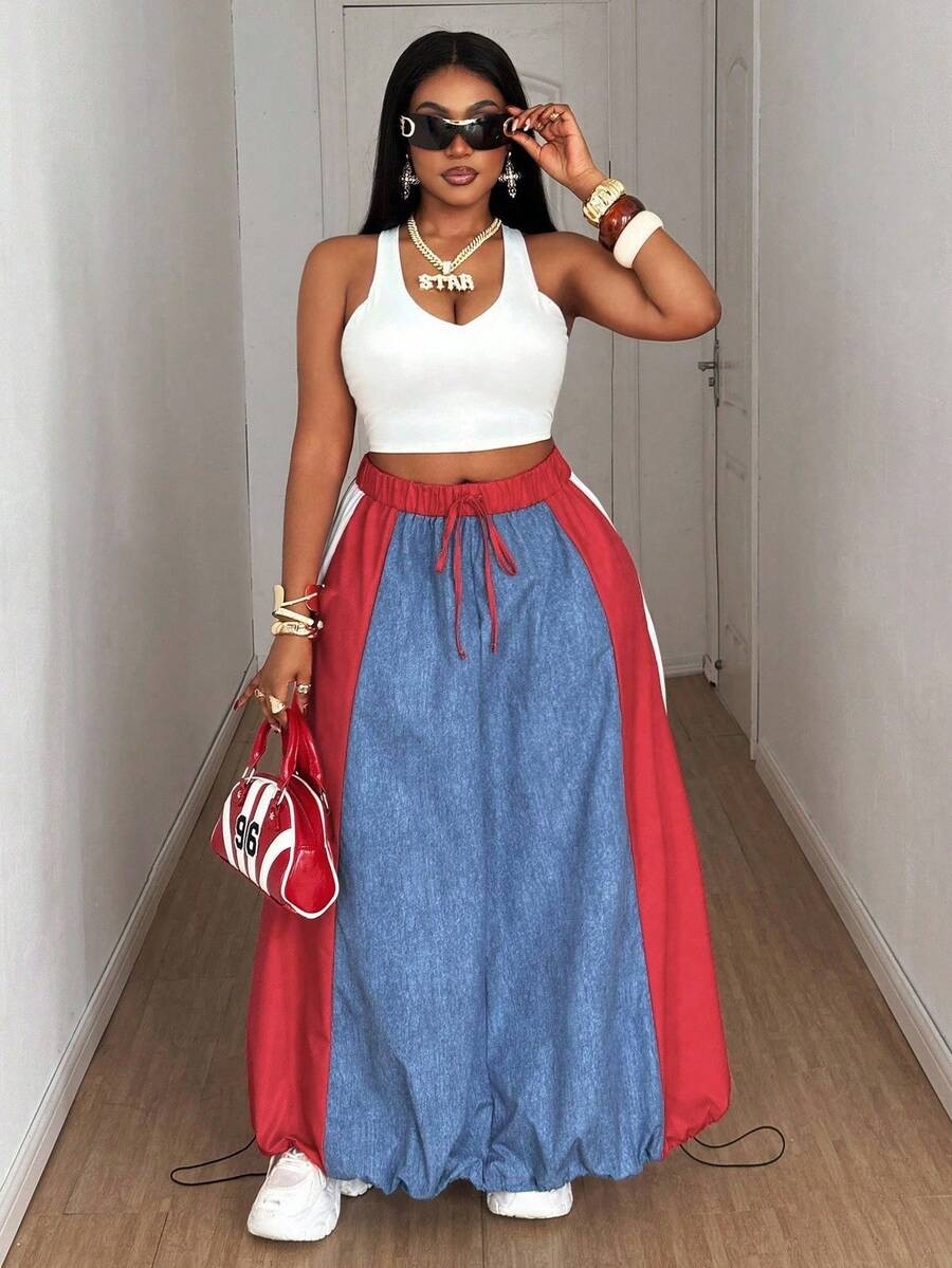 Maweii Plus Size Women's Casual Non-Stretch Colorblock Faux Denim Drawstring Waist Flared Skirt, ... | SHEIN