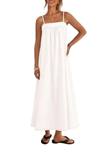 MEROKEETY Women's Boho Maxi Dresses 2026 Spaghetti Straps Spring Summer Sundress Casual Beach Vacation Long Dresses, White, Small | Amazon (US)