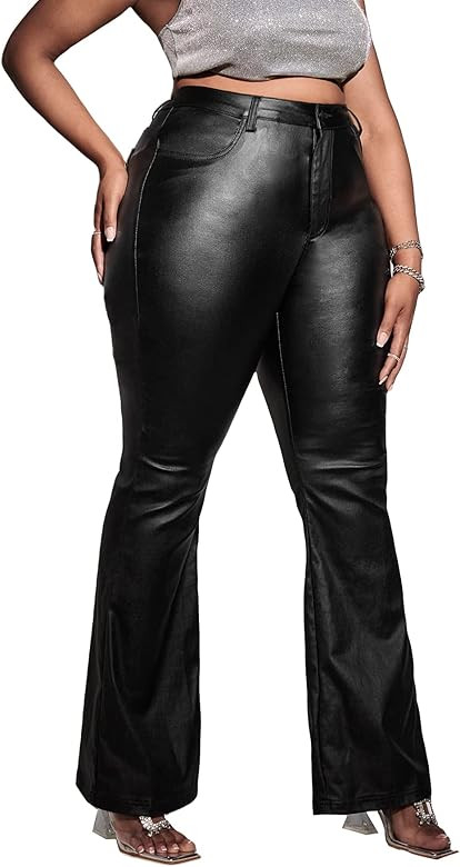 MakeMeChic Women's Plus Size Faux Leather Pants High Waisted Leather Flare Pants | Amazon (US)
