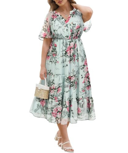 RITERA Women's Plus Size Summer Dress X V Neck Chiffon Ruffle Sleeve Boho Dresses Light Blue & Pink Plus Size Wedding Guest Dress A-Line Flowy Midi Dresses with Pockets XL 14W 16W | Amazon (US)