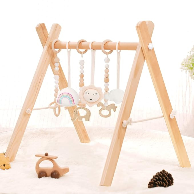 HAN-MM Wooden Baby Gym with 6 Wooden Baby Teething Toys Foldable Baby Play Gym Frame Activity Gym... | Amazon (US)